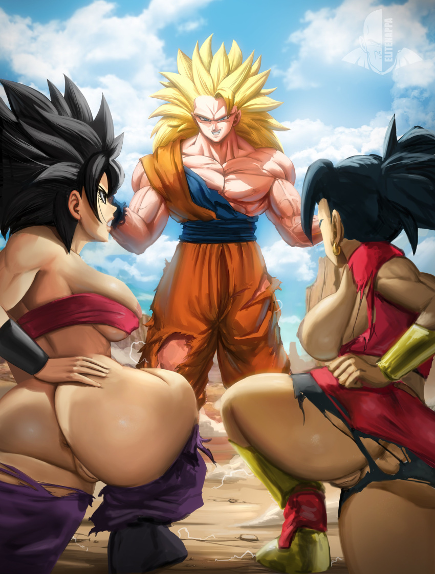 1boy 2girls absurdres anus ass black_hair blonde_hair blue_sky breasts caulifla clenched_teeth collaboration dragon_ball dragon_ball_super earrings elite_nappa from_behind grin highres jewelry kale_(dragon_ball) large_breasts multiple_girls muscular muscular_male nipples no_eyebrows novasayajingoku pectorals ponytail pussy shirt sky smile son_goku spiked_hair standing strapless super_saiyan super_saiyan_3 teeth torn_clothes tube_top