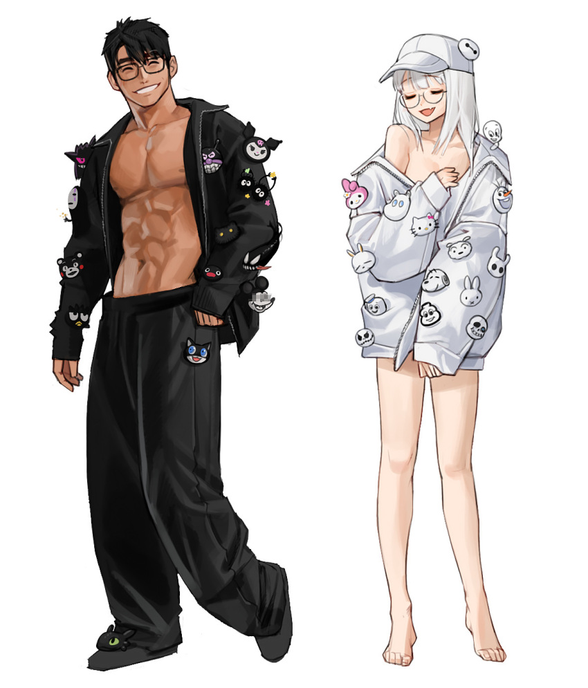 1boy 1girl abs barefoot baseball_cap baymax big_hero_6 black_footwear black_hair black_jacket black_pants casper_the_friendly_ghost character_request closed_eyes disney frozen_(disney) full_body gengar glasses hat highres hollow_knight jack_skellington jacket kaonashi knight_(hollow_knight) kuromi mickey_mouse moomin morgana_(persona_5) muscular muscular_male my_melody nipples off_shoulder olaf_(frozen) onegai_my_melody open_clothes open_jacket open_mouth original pants parted_lips peanuts pectorals persona persona_5 pin pokemon rinotuna sans sen_to_chihiro_no_kamikakushi short_hair simple_background sleeves_past_wrists smile snoopy standing the_nightmare_before_christmas topless_male undertale white_background white_headwear white_jacket