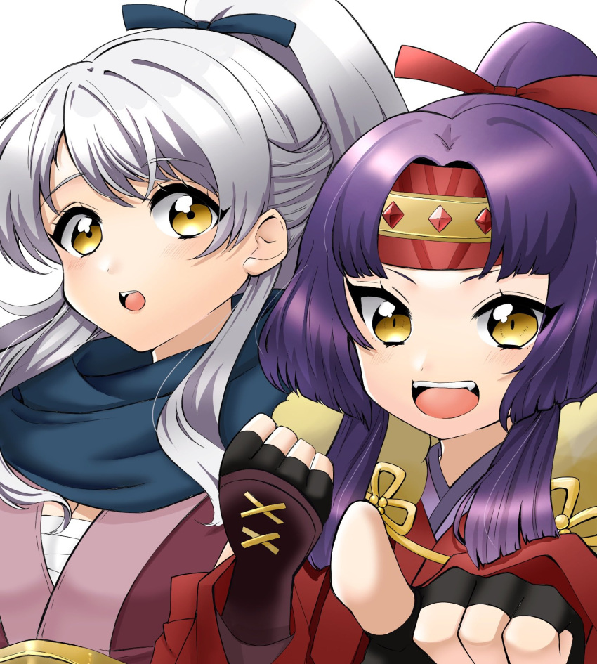 2girls :o bandages black_gloves blue_scarf chest_sarashi commentary_request curtained_hair fingerless_gloves fire_emblem fire_emblem:_radiant_dawn fire_emblem_heroes gau_fe gloves headband highres japanese_clothes kimono long_hair looking_at_viewer micaiah_(fire_emblem) micaiah_(ninja)_(fire_emblem) multiple_girls ninja official_alternate_costume official_alternate_hairstyle pointing pointing_at_viewer red_headband sanaki_kirsch_altina sanaki_kirsch_altina_(ninja) sarashi scarf smile teeth upper_teeth_only white_background white_hair yellow_eyes