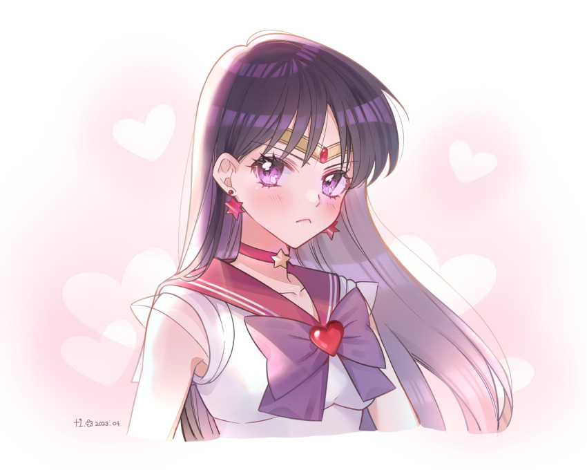 +1_(yakusoku0722) 1girl artist_logo bishoujo_senshi_sailor_moon black_hair bow bowtie choker dated earrings heart highres hino_rei jewelry long_hair looking_at_viewer purple_bow purple_bowtie purple_eyes red_choker red_sailor_collar sailor_collar sailor_mars sailor_senshi_uniform sleeveless solo star_(symbol) star_earrings tiara upper_body