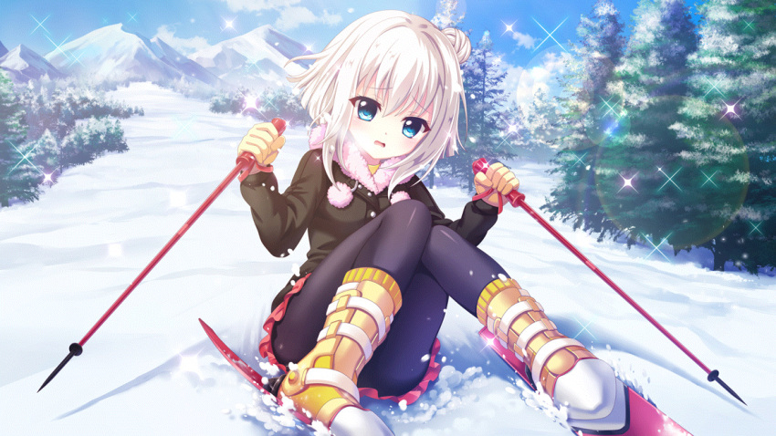 1girl black_jacket black_leggings blue_eyes blue_sky boots day dot_nose fallen_down film_grain game_cg hair_bun holding_ski_pole izumi_tsubasu jacket leggings lens_flare mountain nishidate_haku non-web_source official_art open_mouth outdoors re:stage! short_hair single_side_bun ski_pole skiing skis sky snow solo sparkle tree white_hair white_trim winter yellow_footwear