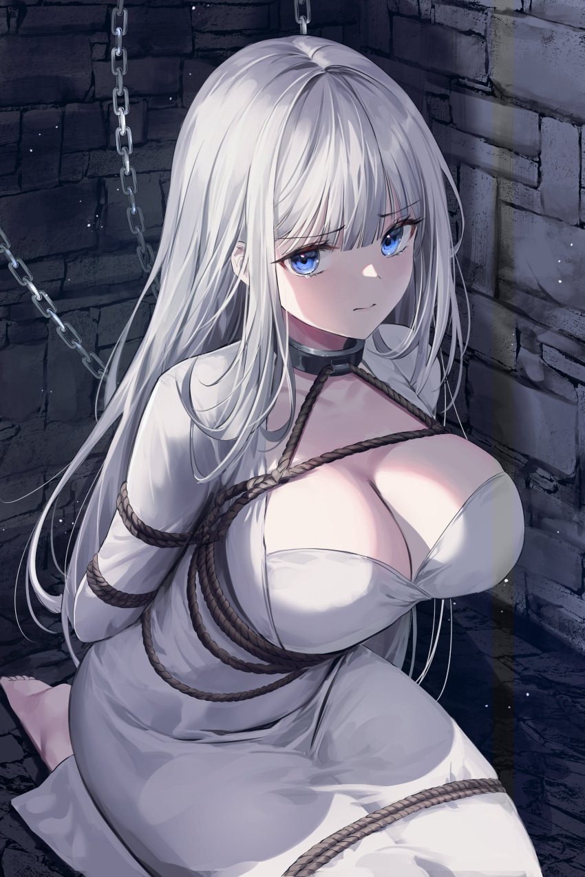 1girl absurdres bangs bdsm blue_eyes bondage bound breasts chain choker cleavage_cutout clothing_cutout dress highres kneeling large_breasts lillly long_hair looking_at_viewer o-ring o-ring_choker original prison shibari shibari_over_clothes sidelocks sitting tears very_long_hair white_dress white_hair