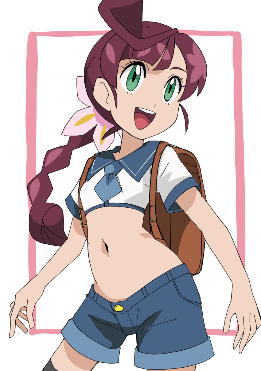 1girl :d asymmetrical_bangs asymmetrical_hair backpack bag blue_necktie blue_shorts braid braided_ponytail chloe_(pokemon) contrapposto cowboy_shot crop_top flower green_eyes hainchu hair_flower hair_ornament highres long_hair looking_away midriff narrow_waist navel necktie open_mouth pink_flower pokemon pokemon_(anime) pokemon_journeys red_hair shirt short_necktie short_sleeves shorts simple_background smile solo standing teeth turning_head upper_teeth_only white_background white_shirt