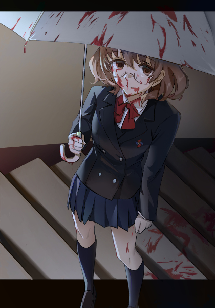 1girl another black_jacket black_socks blazer blood blood_on_face blood_on_hands blood_on_leg blue_skirt brown_eyes brown_hair closed_mouth collared_shirt glasses highres holding holding_umbrella jacket kuza_brs loafers looking_at_viewer pleated_skirt red_ribbon ribbon sakuragi_yukari school_uniform shirt shoes short_hair skirt smile socks solo stairs stairwell umbrella white_shirt yomiyama_north_junior_high_school_uniform