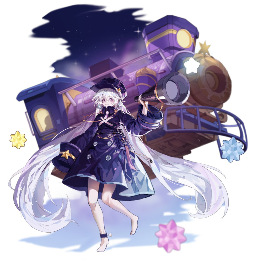 1girl :3 barefoot belt belt_pouch buttons candy collar_chain_(jewelry) collared_dress cookie_run double-breasted dress food hat highres holding holding_instrument horn_(instrument) humanization instrument konpeitou long_hair long_sleeves looking_at_viewer low_twintails milky_way_cookie necktie night peaked_cap pink_necktie pouch purple_belt purple_dress purple_eyes purple_headwear ruian_hama sky sleeve_cuffs sleeves_past_fingers sleeves_past_wrists solo standing star_(sky) star_(symbol) starry_sky train train_conductor twintails very_long_hair very_long_sleeves vuvuzela white_background white_hair