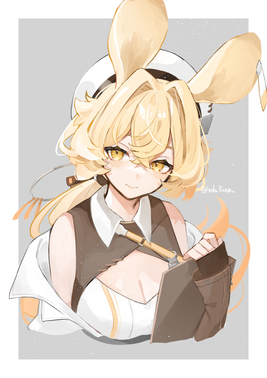 1girl andou_yuna animal_ears arknights beret blonde_hair breasts cleavage clipboard cropped_torso dorothy_(arknights) grey_background hat highres holding holding_clipboard long_hair low_ponytail twitter_username yellow_eyes