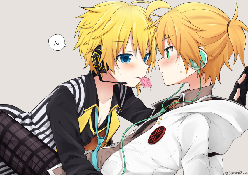 2boys aqua_eyes aqua_necktie black_pants black_shirt blonde_hair blue_eyes blush cable condom condom_in_mouth condom_wrapper dual_persona grey_background headphones headset highres holy_lancer_(module) hood hoodie kagamine_len leaning_back leaning_on_person looking_at_another male_focus mouth_hold multiple_boys necktie pants plaid plaid_pants project_diva_(series) selfcest shirt short_ponytail sitting speech_bubble striped striped_shirt sudachi_(calendar) translated twitter_username vocaloid white_edge_(module) white_hoodie yaoi