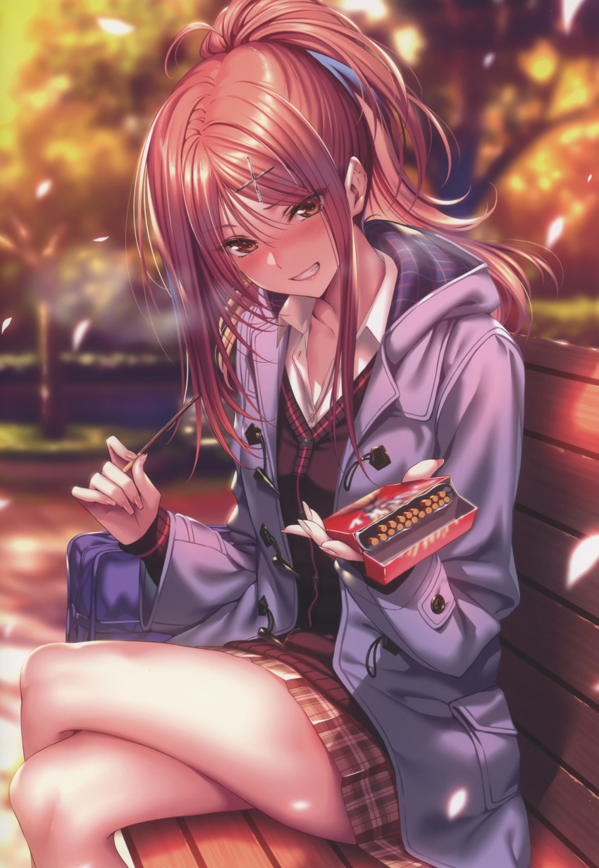 1girl absurdres bag bench blurry blurry_background brown_eyes cherry_blossoms crossed_legs day fingernails food hair_ornament hanikami_kanojo high_ponytail highres holding holding_food hood hood_down lips long_hair long_sleeves looking_at_viewer myouga_satsuki outdoors parted_lips petals piromizu pocky ponytail red_hair scan school_bag school_uniform simple_background sitting skirt smile teeth thighs tree winter_clothes x_hair_ornament