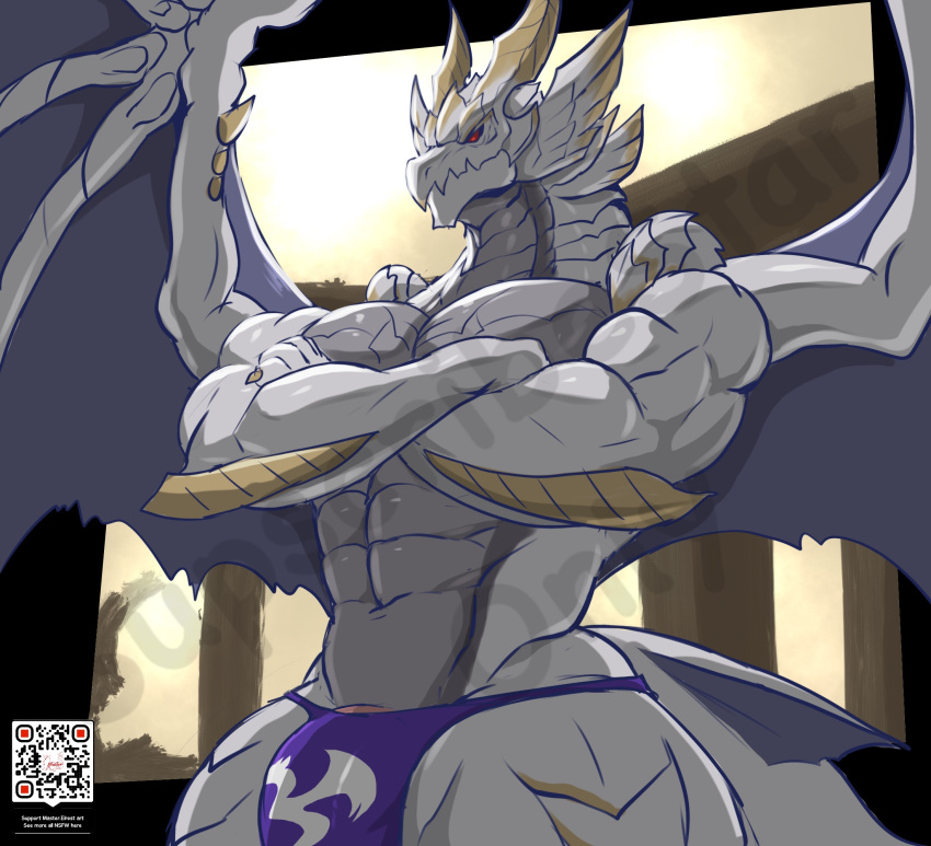 abs anthro barely_visible_genitalia barely_visible_penis biceps bulge countershade_neck countershade_torso countershading crossed_arms dragon genitals hi_res horn male masterelrest membrane_(anatomy) membranous_wings muscular muscular_anthro muscular_male pecs penis qr_code solo wings