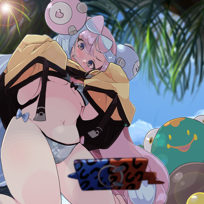 1girl adapted_costume aqua_hair bellibolt bikini blurry blush bow-shaped_hair breasts character_hair_ornament commentary_request day depth_of_field eyelashes from_below grey_bikini hair_ornament highres iono_(pokemon) jacket jacket_lift kneeling long_hair looking_down navel open_mouth outdoors pink_hair pokemon pokemon_(game) pokemon_sv rakkogawa_rinro rotom rotom_phone sharp_teeth sky swimsuit teeth twintails yellow_jacket