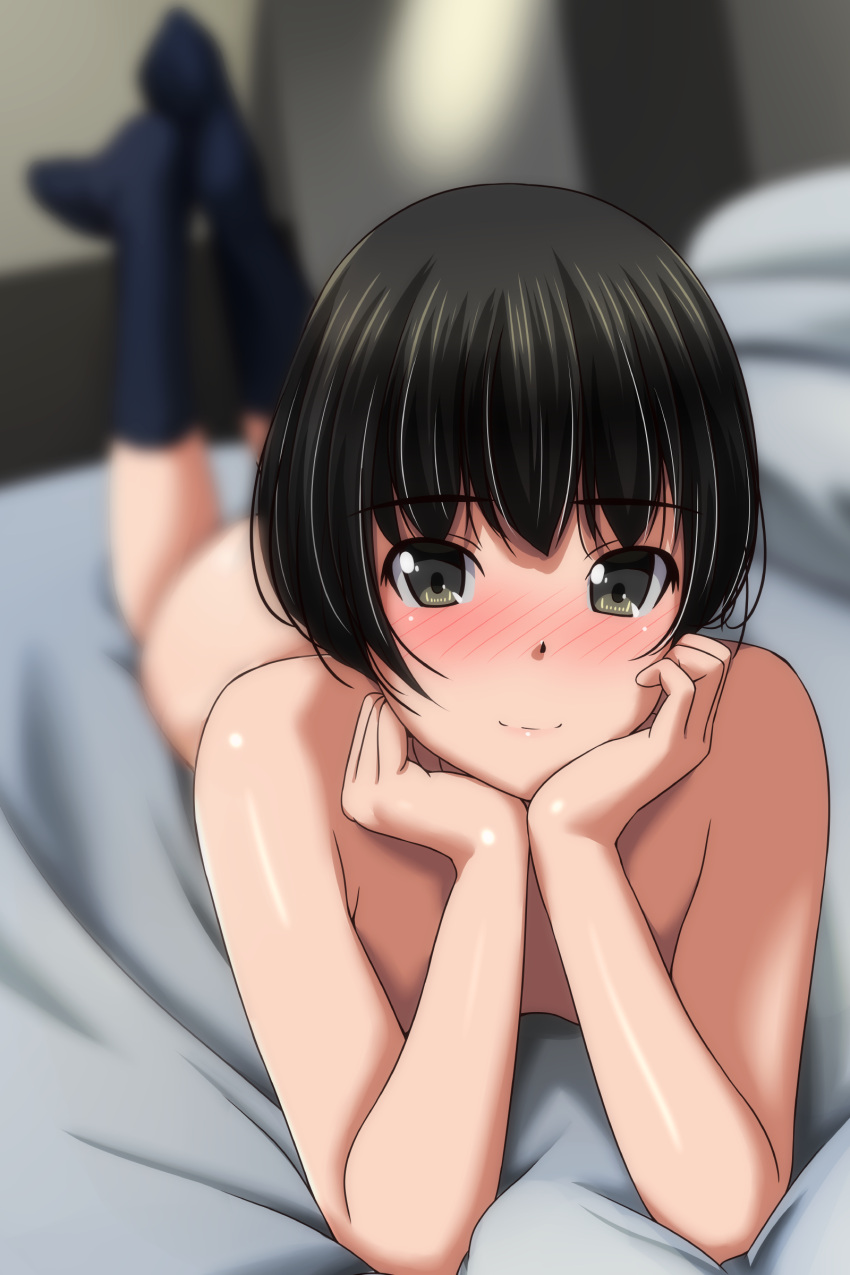 1girl absurdres black_hair black_socks blurry blurry_background blush breasts closed_mouth commentary_request depth_of_field elbow_rest feet_up grey_eyes highres looking_at_viewer lying matsunaga_kouyou medium_hair nude on_bed on_stomach original small_breasts smile socks solo