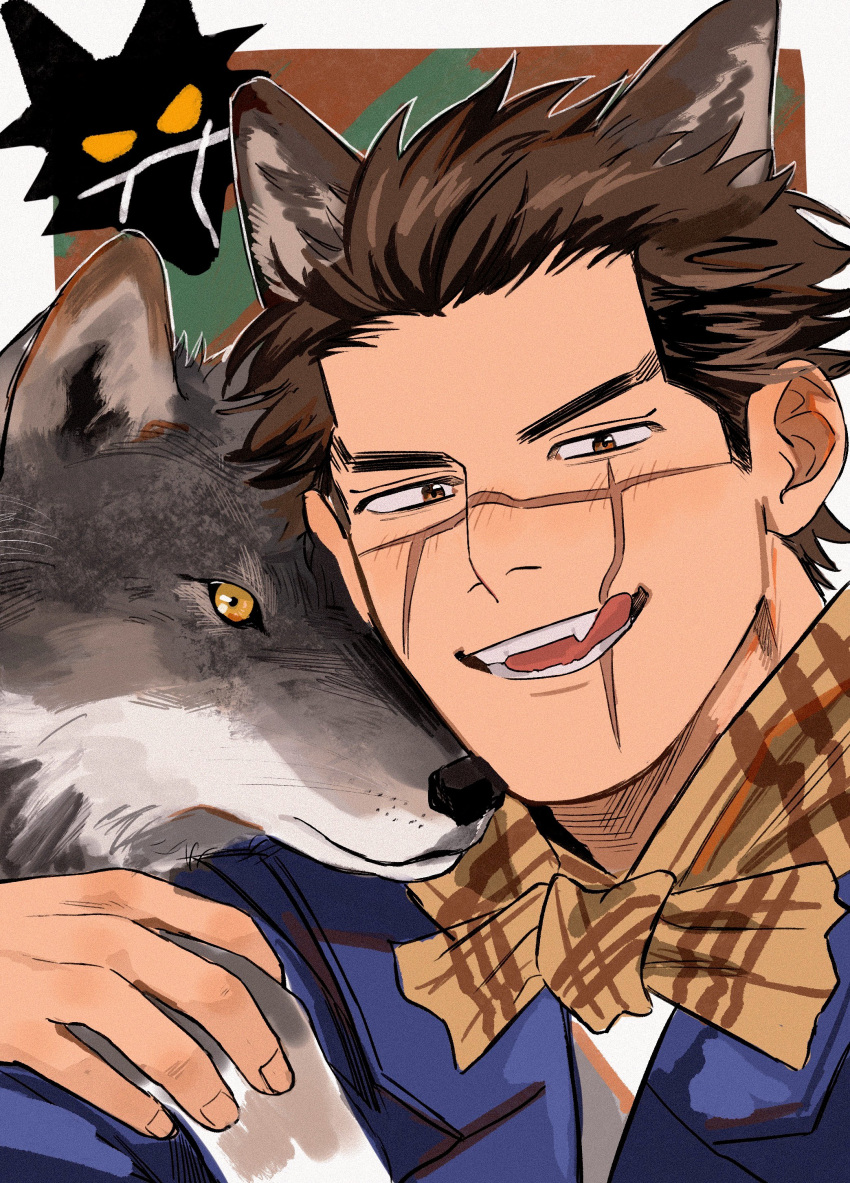 1boy absurdres animal animal_ears black_hair blue_jacket blush brown_scarf fangs golden_kamuy highres jacker jacket male_focus scar scar_on_cheek scar_on_face scar_on_mouth scar_on_nose scarf short_hair smile sugimoto_saichi ton_(ton19130318) tongue tongue_out wolf wolf_boy wolf_ears