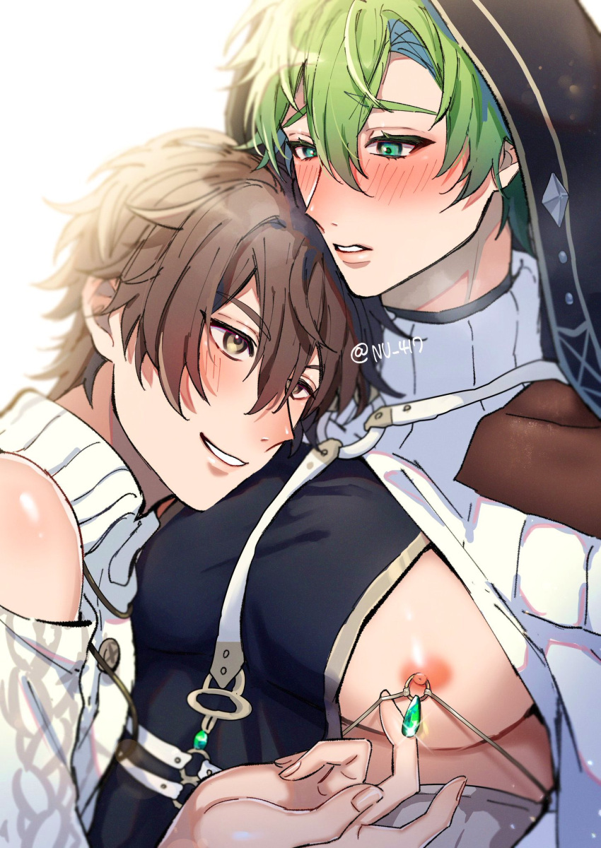 2boys blue_hair blush brown_hair detached_sleeves eiden_(nu_carnival) gem green_eyes green_hair highres light_blue_hair linked_piercing long_sleeves looking_at_viewer male_focus multiple_boys nipple_piercing nu_417 nu_carnival olivine_(nu_carnival) piercing short_hair smile