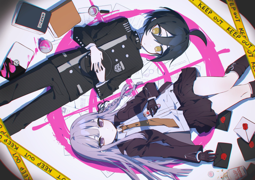 1boy 1girl a_sa_gohan ahoge black_gloves black_hair black_headwear black_jacket black_ribbon blood blunt_bangs book braid breast_pocket brown_necktie buttons collared_shirt cup_ramen danganronpa:_trigger_happy_havoc danganronpa_(series) danganronpa_v3:_killing_harmony double-breasted envelope gloves grey_shirt hair_ribbon highres holding jacket kirigiri_kyouko long_hair looking_at_viewer looking_up lying magnifying_glass miniskirt necktie on_back open_clothes open_jacket orange_eyes pink_blood pleated_skirt pocket ribbon saihara_shuuichi shirt short_hair side_braid skirt