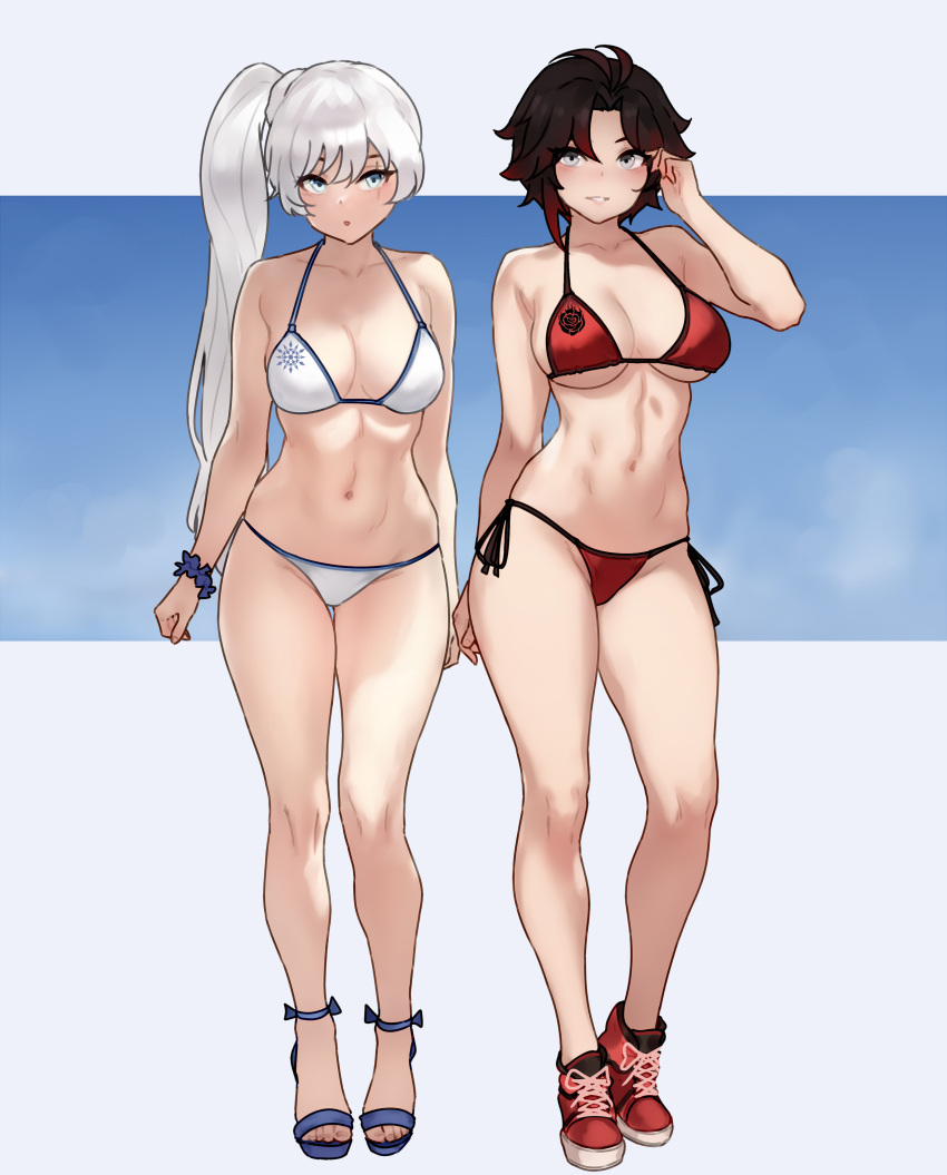 2girls :o absurdres bare_legs bikini bluefield breasts full_body gradient_hair grey_eyes hand_up high_heels highres large_breasts legs medium_breasts multicolored_hair multiple_girls navel parted_lips patreon_username photoshop_(medium) red_bikini red_footwear ruby_rose rwby sandals scar scar_across_eye scar_on_face scrunchie shoes short_hair side-tie_bikini_bottom side_ponytail sneakers standing stomach strappy_heels streaked_hair swimsuit thighs toenails toes twitter_username web_address weiss_schnee white_bikini white_hair wrist_scrunchie