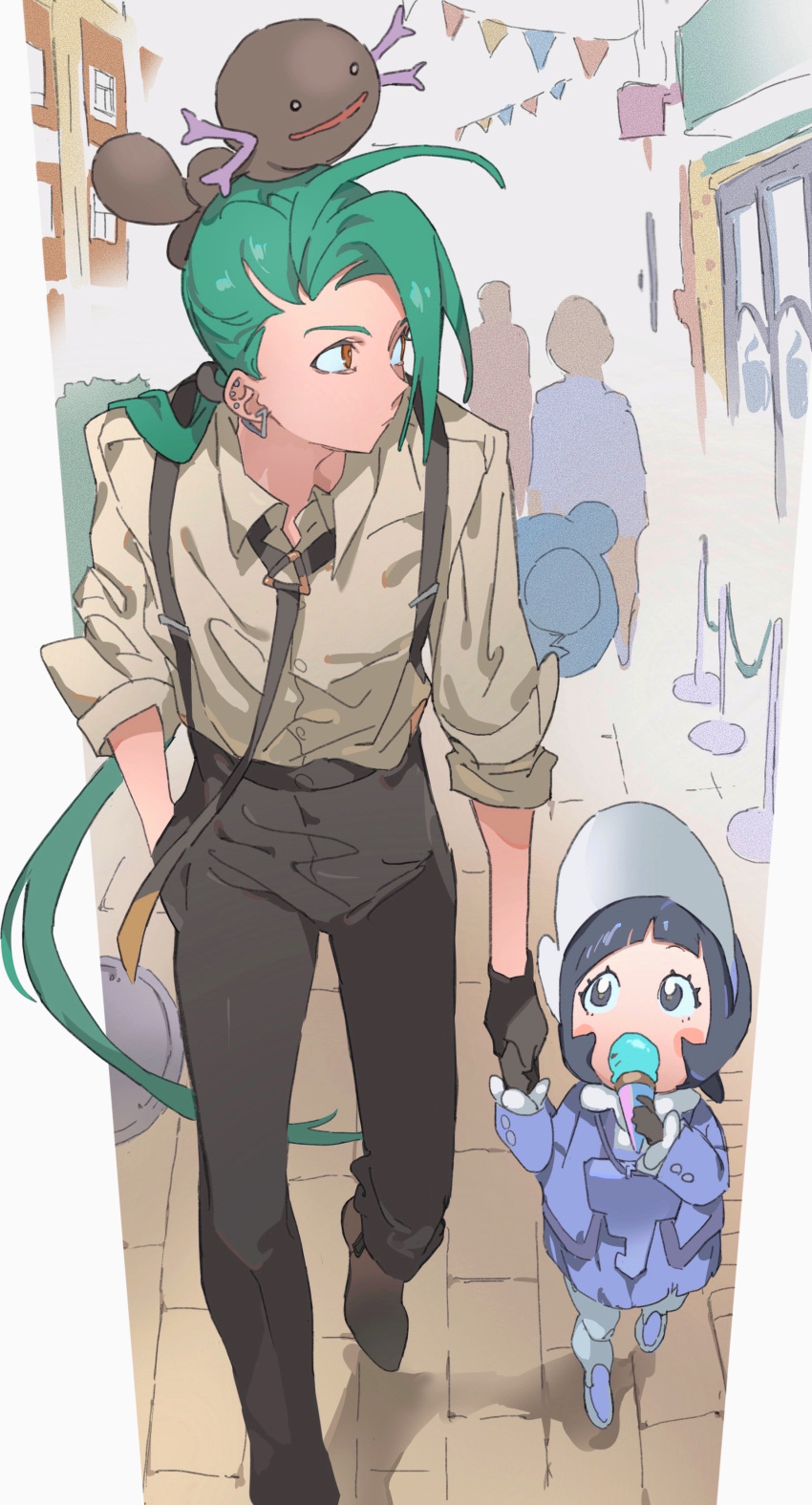 2girls absurdres black_eyes black_hair black_pants brown_hair collared_shirt eating female_child food green_hair hand_in_pocket highres holding_hands ice_cream long_hair looking_to_the_side multiple_girls paldean_wooper pants pokemon pokemon_(creature) pokemon_(game) pokemon_sv poppy_(pokemon) pretty-purin720 rika_(pokemon) shirt sleeves_rolled_up suspenders very_long_hair walking white_shirt wooper