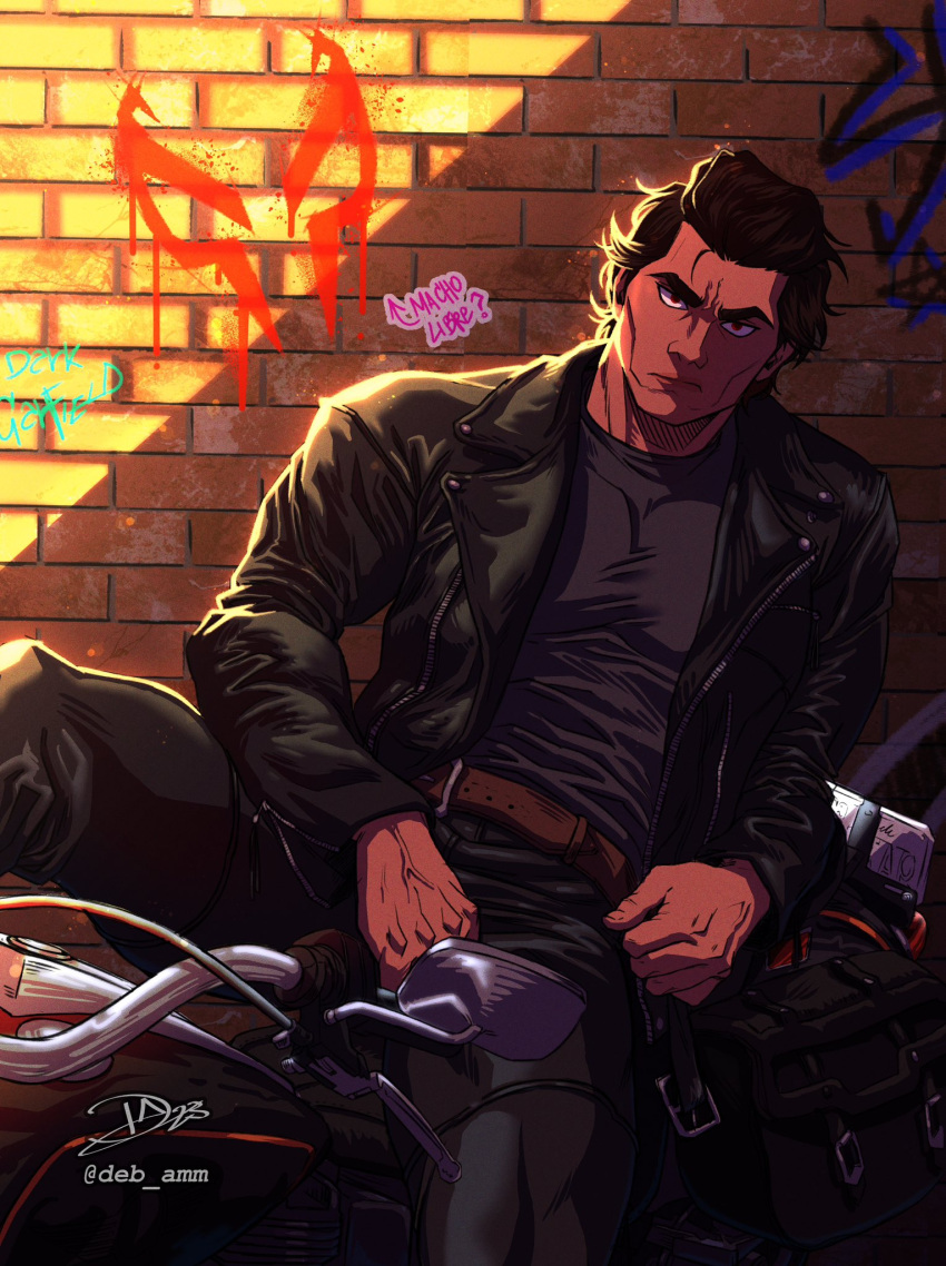 1boy bag bara belt black_bag black_jacket black_pants black_shirt brick_wall brown_belt brown_hair cheekbones cowboy_shot dark-skinned_male dark_skin debby-san graffiti highres jacket leather leather_jacket leather_pants looking_at_viewer male_focus marvel mature_male miguel_o'hara motor_vehicle motorcycle muscular muscular_male on_motorcycle open_clothes open_jacket pants pectorals red_eyes scowl shirt sitting solo spider-man:_across_the_spider-verse spider-man_(series) spider-verse tight_clothes tight_pants tight_shirt veins