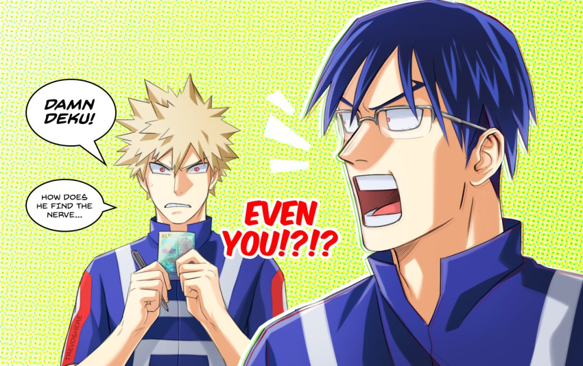 2boys annoyed artist_name bakugou_katsuki blonde_hair blue_hair boku_no_hero_academia clenched_teeth english_text glasses hands_up holding holding_pen iida_tenya male_focus multiple_boys open_mouth pen portrait red_eyes screaming short_hair shy speech_bubble teeth trevo_(trevoshere) u.a._gym_uniform upper_body watermark yellow_background