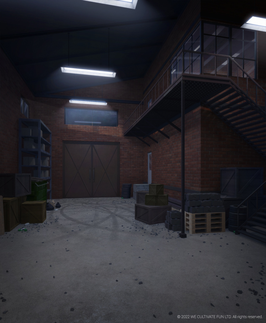 3d box brick brick_wall cargo_pallet ceiling ceiling_light cinder_block door factory gate highres indoors interior no_humans original scenery shadow shelf skid_mark spare_tire stairs surafin tire wall window wooden_box