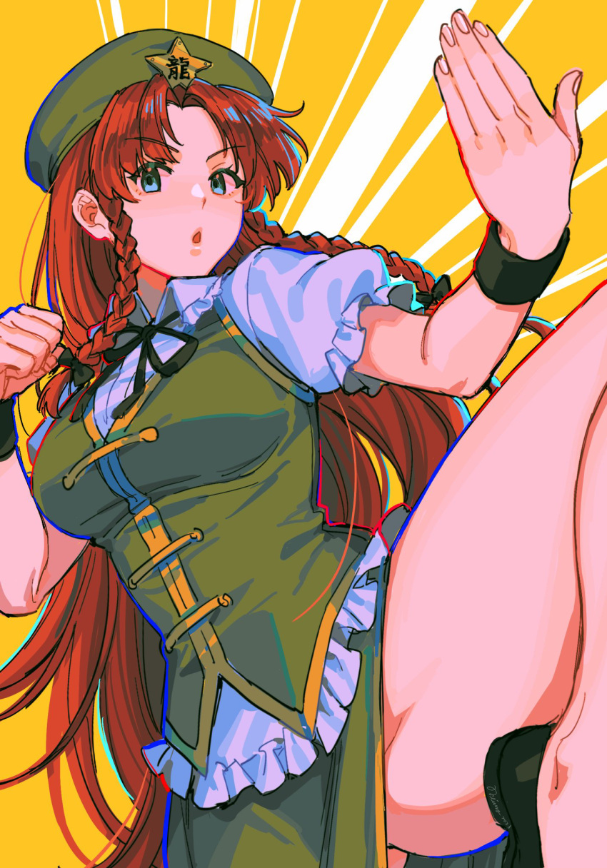 1girl black_bow blue_eyes bow braid commentary_request dress fighting_stance green_dress green_headwear hair_bow highres hong_meiling long_hair noriuma red_hair shirt side_slit single_braid sketch solo thighs touhou white_shirt