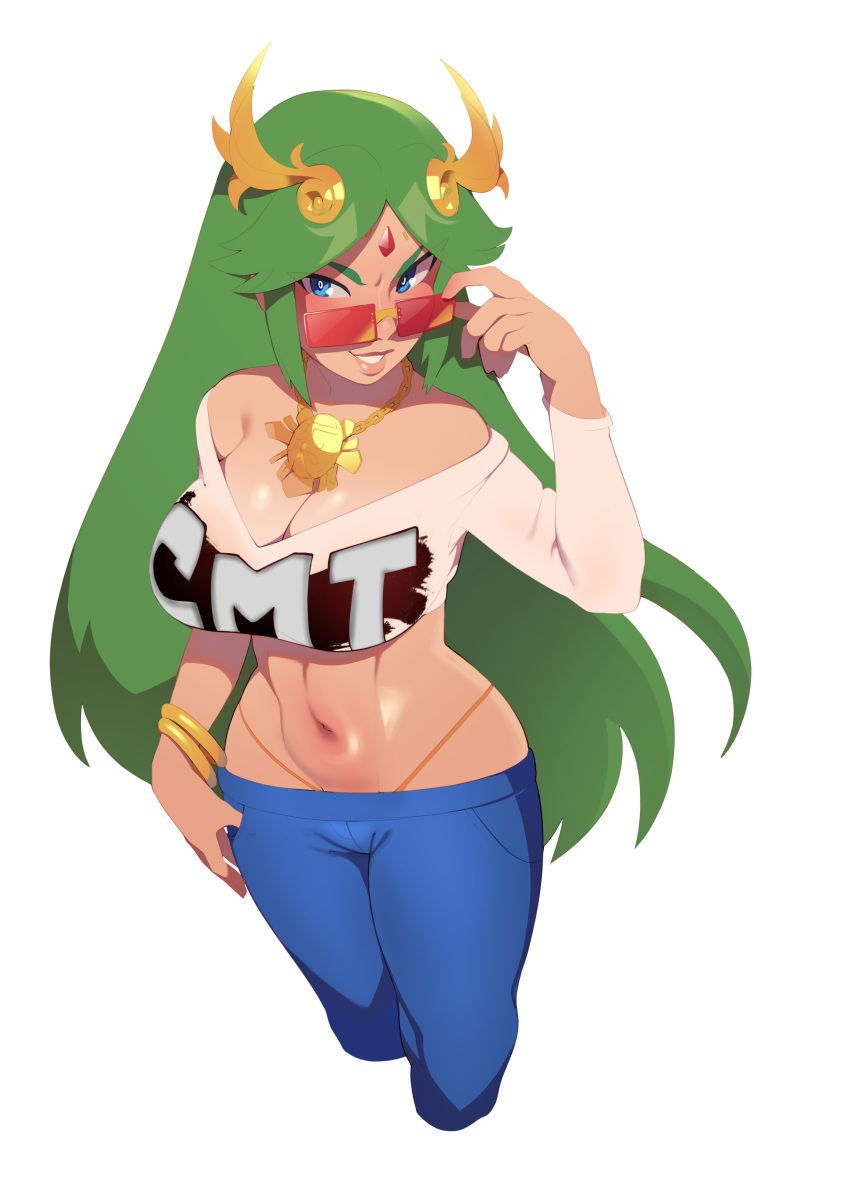 1girl absurdres blue_eyes blue_pants bracelet breasts cleavage combos_&amp;_doodles crop_top forehead_jewel gem green_hair grin highres jewelry kid_icarus long_hair looking_at_viewer midriff navel necklace orange_panties palutena panties pants panty_straps red_gemstone shirt smile solo sunglasses teeth thumb_in_pocket underwear white_shirt wing_hair_ornament