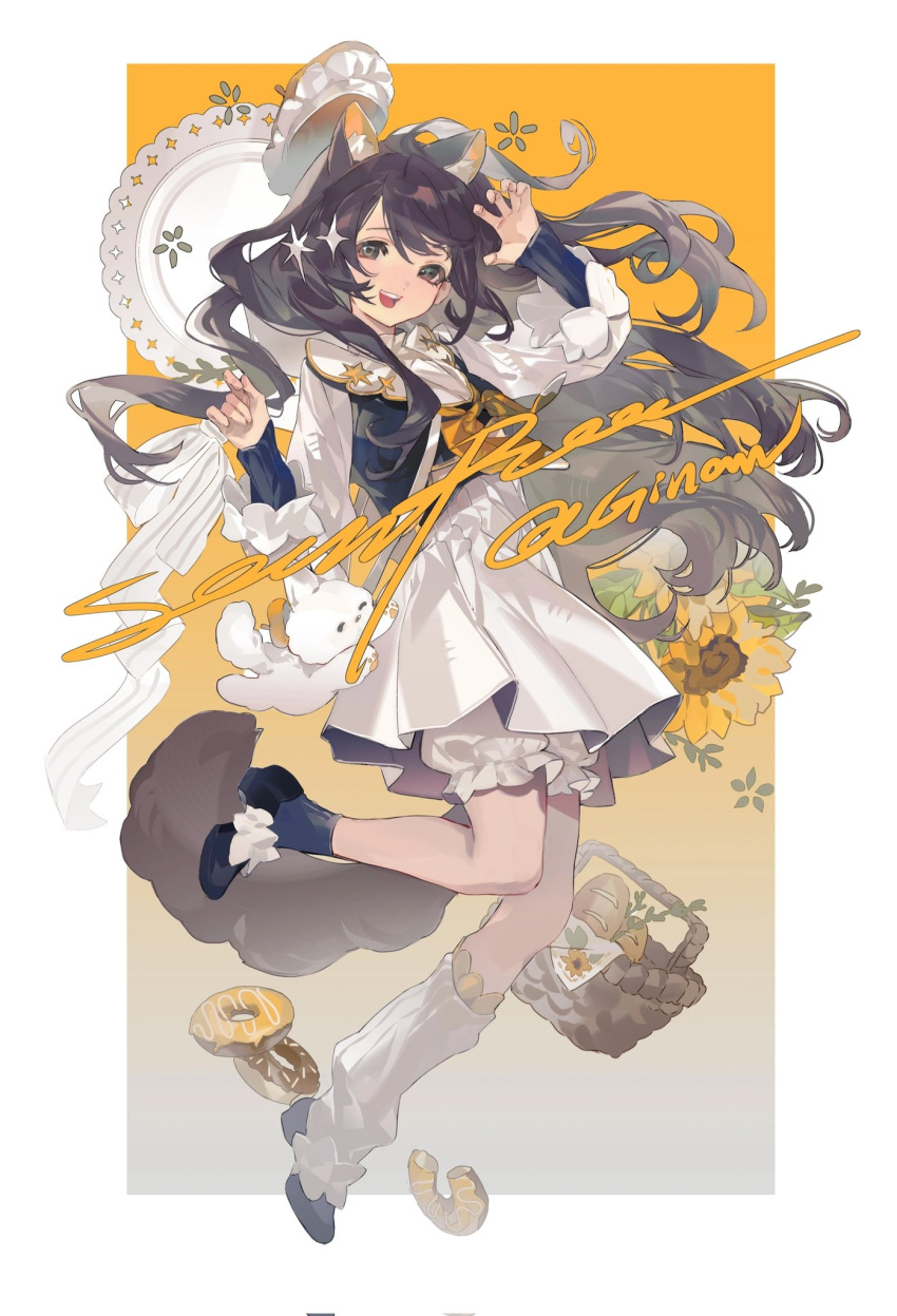 1girl animal_ears bare_legs basket bread brown_eyes brown_hair doughnut dress flower food gillannn hair_ornament hairclip highres leaf light_blush long_hair long_sleeves looking_at_viewer open_mouth original rabbit rabbit_ears rabbit_tail ribbon sidelocks simple_background smile solo sunflower tail watermark white_dress white_ribbon yellow_ribbon