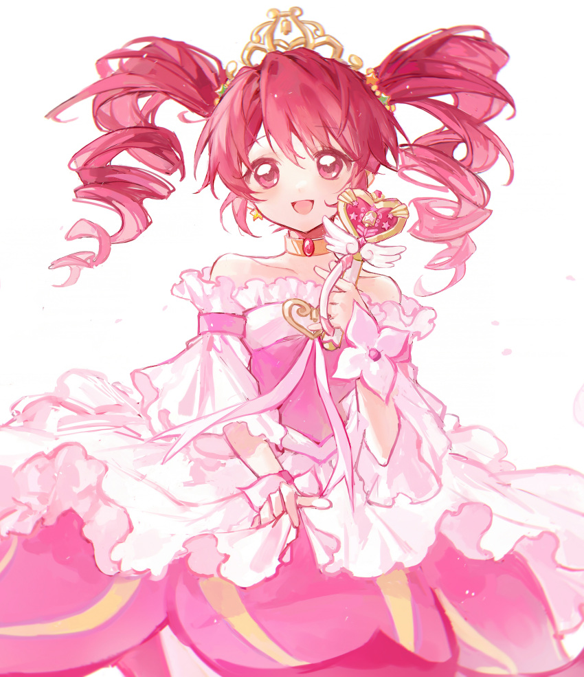 1girl absurdres bare_shoulders commentary crown dorannnn dress drill_hair earrings fine_(futagohime) fushigiboshi_no_futago_hime highres holding holding_wand jewelry long_hair looking_at_viewer magical_girl pink_dress pink_eyes pink_hair simple_background smile solo symbol-only_commentary wand white_background