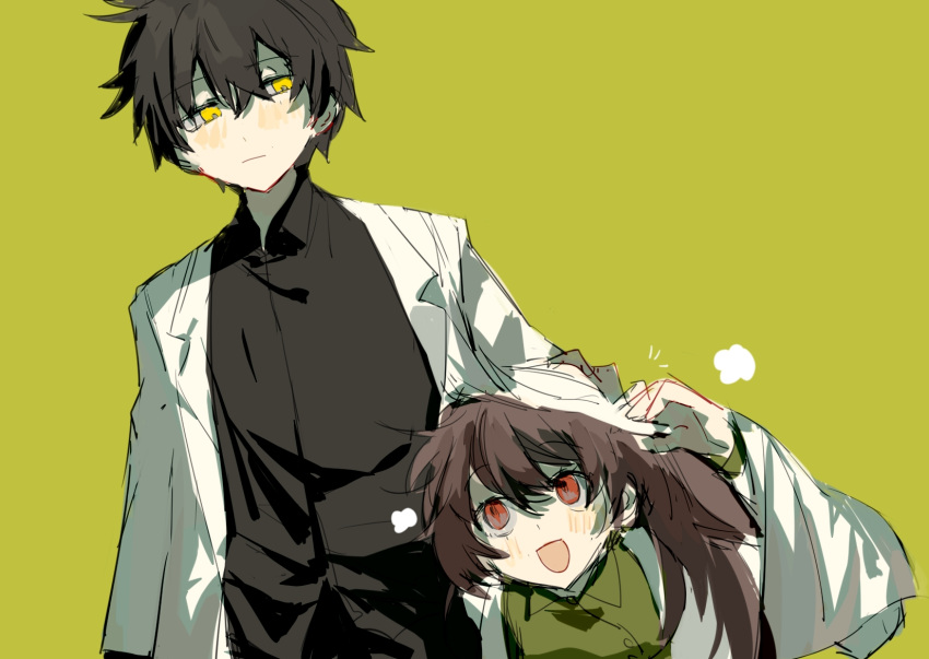 1boy 1girl ayin_(project_moon) black_hair black_shirt blush brown_hair carmen_(project_moon) coat collared_shirt green_background green_shirt he_(minty) highres lobotomy_corporation long_hair long_sleeves open_mouth project_moon red_eyes shirt side_ponytail simple_background smile upper_body very_long_hair white_coat wing_collar yellow_eyes