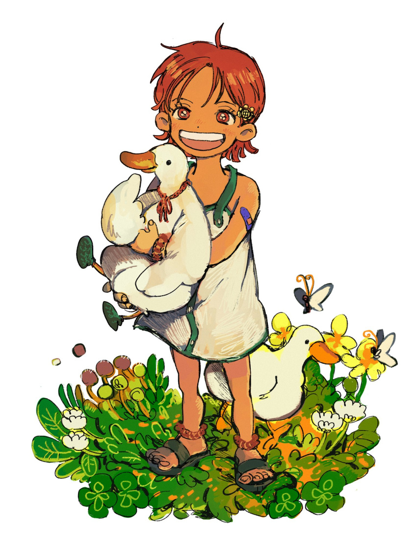 1girl aged_down animal bandaid bare_legs bird bug butterfly dress duck eyelashes female_child flower highres holding holding_animal looking_at_viewer makenevemoiine nami_(one_piece) on_grass one_piece open_mouth orange_eyes red_hair sandals short_hair smile teeth transparent_background upper_teeth_only white_dress