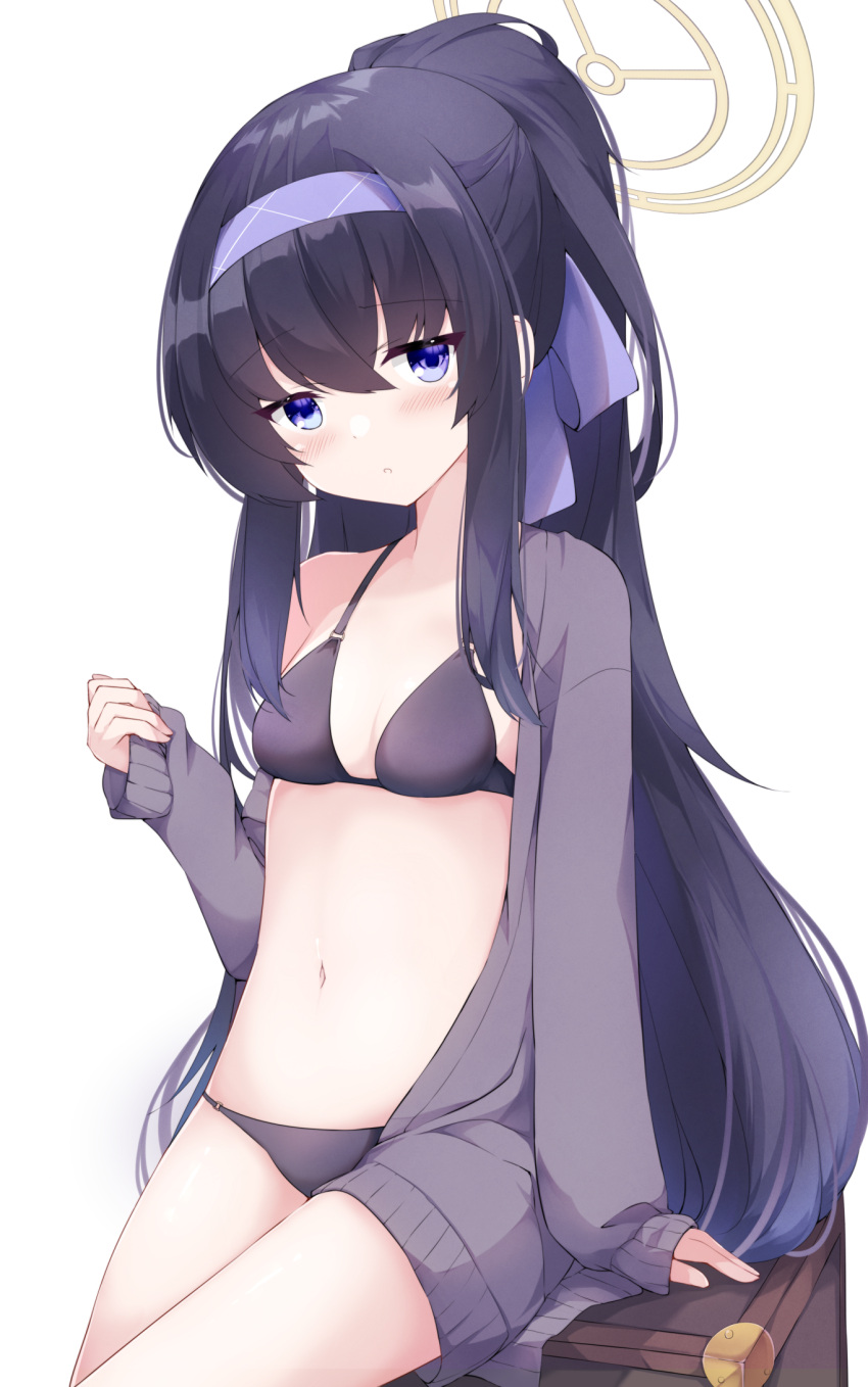 1girl :o bikini black_bikini black_hair blue_archive blue_bow blue_hairband blush bow breasts commentary_request fuuna grey_jacket hair_between_eyes hair_bow hairband halo highres jacket long_hair long_sleeves looking_at_viewer medium_breasts navel o-ring o-ring_bikini o-ring_bottom o-ring_top open_clothes open_jacket parted_lips ponytail puffy_long_sleeves puffy_sleeves simple_background sleeves_past_wrists solo swimsuit ui_(blue_archive) ui_(swimsuit)_(blue_archive) very_long_hair white_background