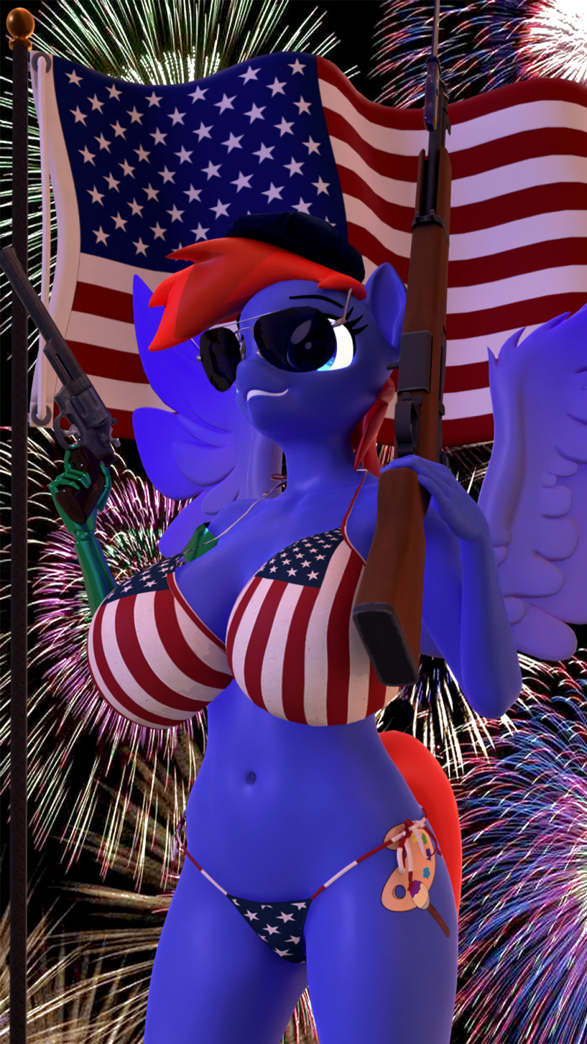 american_flag_bikini anthro big_breasts bikini blender_(software) breasts clothing cutie_mark equid equine eyewear fan_character female flagpole glowing glowing_eyes gun handgun hasbro hi_res kamimation mammal my_little_pony navel pegasus prosthetic prosthetic_limb ranged_weapon revolver smile smirk solo spread_wings stars_and_stripes sunglasses swimwear tail united_states_of_america weapon wide_hips wings