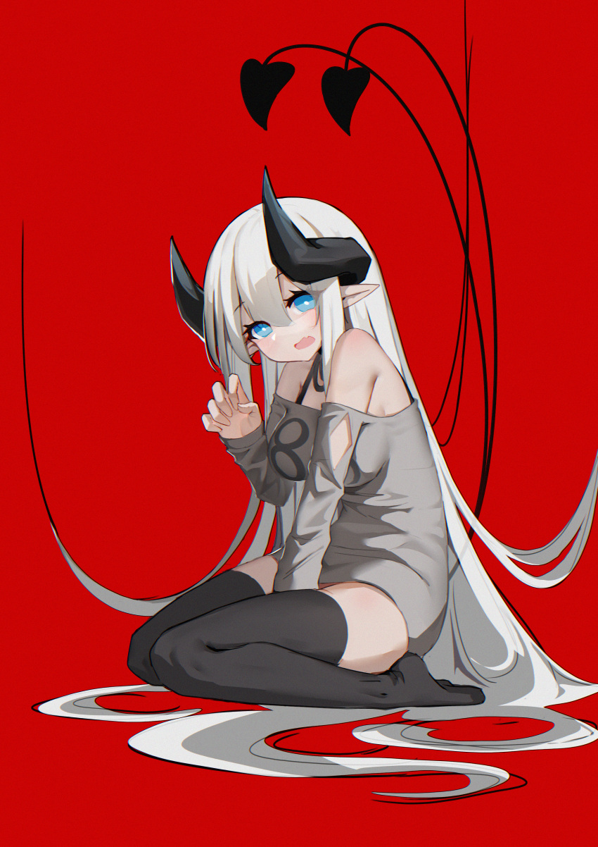 1girl absurdres bare_shoulders black_straps black_thighhighs blue_eyes breasts bright_pupils chinese_commentary commentary_request demon_girl demon_horns demon_tail fang floating_hair grey_sweater hair_between_eyes hair_spread_out hand_up highres horns huge_horns huizhiyin large_breasts long_hair looking_at_viewer multiple_tails off-shoulder_sweater off_shoulder open_mouth original pale_skin paw_pose pointy_ears red_background sitting skin_fang skindentation sweater tail thick_thighs thighhighs thighs very_long_hair wariza white_hair white_pupils zettai_ryouiki