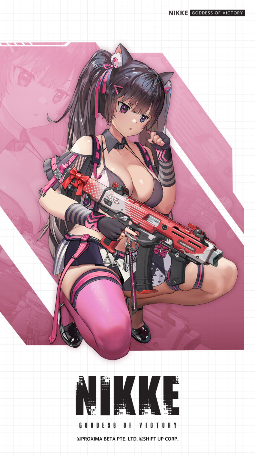 1girl animal_ear_fluff animal_ears belt bikini black_bikini black_footwear black_gloves black_hair black_nails black_ribbon black_skirt blush breasts cat_ears cat_tail character_name claw_pose clothing_cutout commentary commentary_request copyright_name fingerless_gloves full_body gloves goddess_of_victory:_nikke gun hair_ornament hairclip heterochromia highres holding holding_gun holding_weapon large_breasts long_hair nail_polish nero_(nikke) official_art paw_print pink_ribbon pink_thighhighs pleated_skirt ribbon shoulder_cutout single_thighhigh skindentation skirt swimsuit tail tail_wagging thighhighs thighs twintails two-tone_bikini v-shaped_eyebrows weapon white_skirt zoom_layer