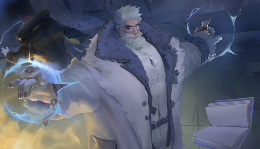 2boys back-to-back bara battle beard black_nails bulge bursting_pectorals character_request coat dislyte driedwarek facial_hair feet_out_of_frame fur-trimmed_coat fur-trimmed_sleeves fur_trim glasses highres jewelry large_hands large_pectorals long_beard male_focus mature_male multiple_boys muscular muscular_male navel navel_hair old old_man open_clothes open_coat outstretched_arms pectorals pritzker_(mimir)_(dislyte) ring round_eyewear short_hair spread_arms telekinesis thick_thighs thighs topless_male upper_body white_facial_hair white_hair