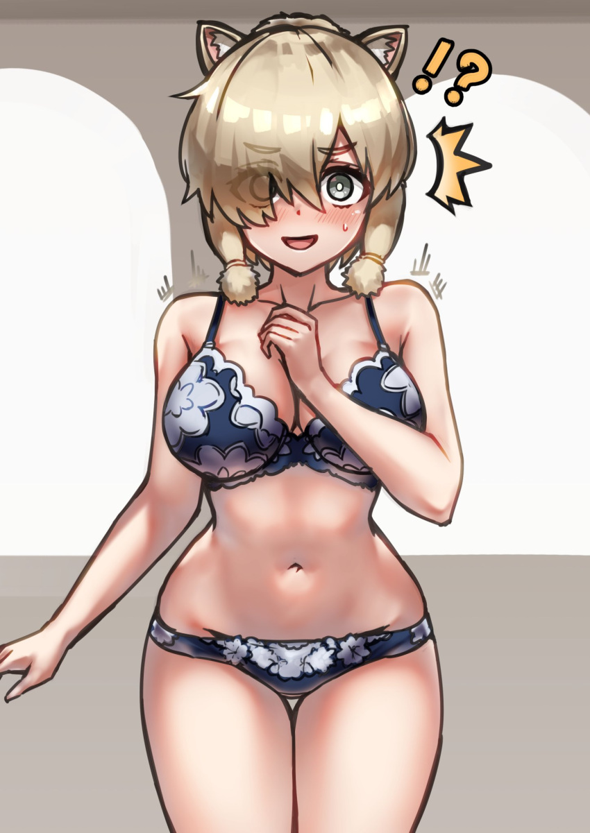 !? 1girl ^^^ alpaca_ears alpaca_suri_(kemono_friends) animal_ear_fluff animal_ears arm_at_side blonde_hair blush bra breasts bright_pupils cleavage collarbone cowboy_shot eyes_visible_through_hair floral_print furrowed_brow grey_eyes hair_over_one_eye hand_up highres kemono_friends large_breasts long_bangs navel open_mouth panties print_bra print_panties riro_(breakthrough_rr) short_hair_with_long_locks smile solo stomach surprised thigh_gap underwear underwear_only white_pupils