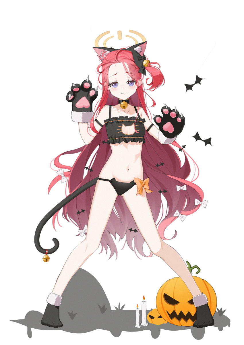 1girl absurdres animal_ears animal_hands bell black_bra black_choker black_panties blue_archive blush bra cat_cutout cat_ears cat_paws cat_tail choker closed_mouth clothing_cutout collarbone full_body gloves hair_bell hair_ornament halloween halloween_costume halo highres long_hair marks_(dmhunsu10) navel one_side_up panties paw_gloves purple_eyes red_hair simple_background solo tail underwear white_background yellow_halo yuzu_(blue_archive)