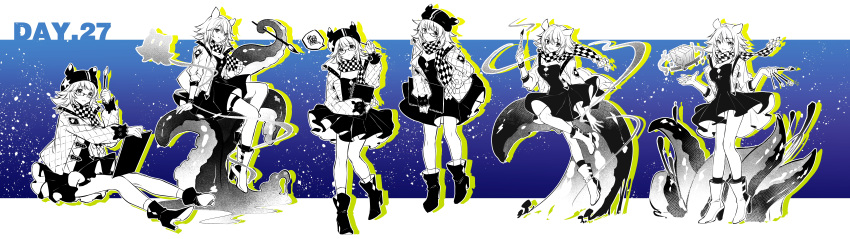 absurdres animal_ear_headwear animal_ear_request arknights between_fingers boots checkered_clothes checkered_scarf deepcolor_(arknights) dress elite_ii_(arknights) fy_fei_xiao_ya glasses hand_on_hip hat high_heel_boots high_heels highres holding holding_sketchbook jacket long_hair no_headwear on_floor paintbrush patterned_clothing pout scarf sitting sketchbook smile spoken_squiggle squiggle tentacles thigh_strap