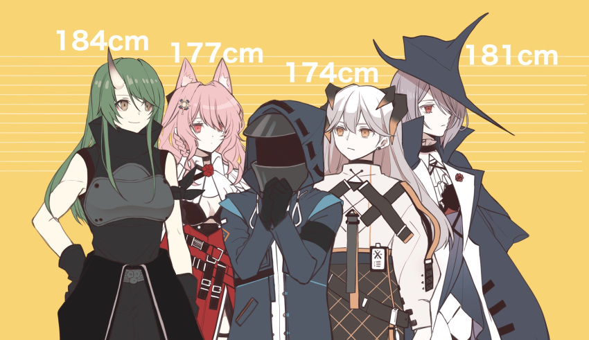 1other 4girls animal_ears arknights armband ascot belt bikini bikini_top_only black_bikini black_gloves black_shirt blue_jacket braid earrings fox_ears gladiia_(arknights) gloves green_hair grey_hair hair_ornament hair_over_one_eye hands_up hat height_chart high_collar highres hood hood_up hooded_jacket horns hoshiguma_(arknights) id_card jacket jewelry long_sleeves mask medium_hair moi2m3 multiple_girls orange_eyes pants pink_hair pozyomka_(arknights) red_eyes saria_(arknights) shirt single_horn sleeveless sleeveless_shirt smile stud_earrings swimsuit upper_body white_pants white_shirt yellow_background