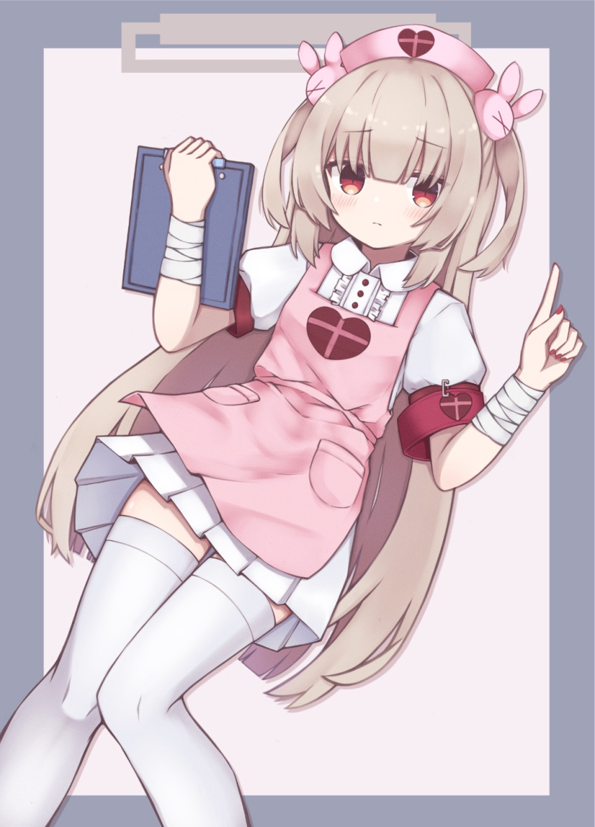 &gt;_&lt; 1girl apron armband bandaged_arm bandaged_wrist bandages blonde_hair blush center_frills clipboard closed_mouth collared_dress commentary_request dress frills hair_ornament hands_up hat heart heart_print highres holding holding_clipboard index_finger_raised long_hair looking_at_viewer nail_polish natori_sana nurse_cap pink_apron pink_headwear pocket puffy_short_sleeves puffy_sleeves rabbit_hair_ornament red_armband red_eyes red_nails safety_pin sana_channel short_sleeves solo sunsan thighhighs two_side_up very_long_hair virtual_youtuber white_dress white_thighhighs