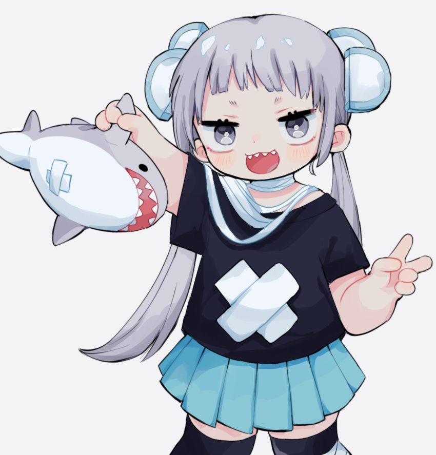 1girl :3 arm_up bandaged_neck bandages black_shirt black_thighhighs blue_skirt blush cotono_(nazekun) food food-themed_hair_ornament grey_eyes grey_hair hair_ornament hand_up highres holding holding_stuffed_toy kamaboko long_hair looking_at_viewer open_mouth original pleated_skirt sanpaku sharp_teeth shirt short_eyebrows short_sleeves simple_background skirt smile stuffed_animal stuffed_shark stuffed_toy t-shirt teeth thighhighs tsurime twintails v white_background