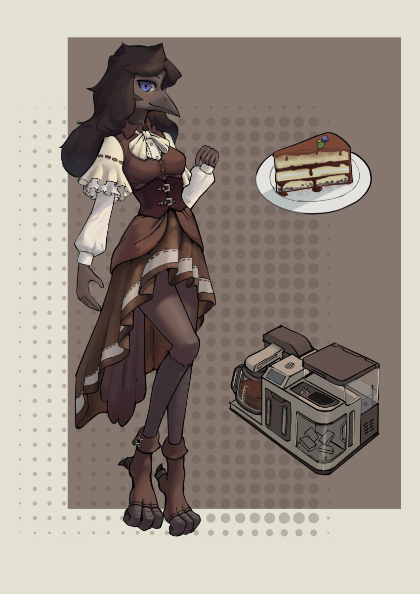 anthro avian beak bird blue_eyes blueberry_(fruit) brown_body brown_feathers brown_fur brown_hair cake candy chocolate clothing corvid corvus_(genus) crow dessert dress feathers female food footwear fruit fur gfox404 hair hi_res oscine passerine plant solo talons