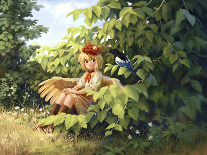 1girl animal_on_head bird bird_on_head bird_wings blonde_hair blush boots brown_footwear bush chick closed_mouth cloud day feathered_wings flower full_body grass hands_on_own_knees highres looking_at_animal multicolored_hair neckerchief niwatari_kutaka on_head orange_skirt outdoors puffy_short_sleeves puffy_sleeves red_eyes red_hair red_neckerchief satellitedragon shirt short_hair short_sleeves sitting skirt sky solo touhou two-tone_hair white_flower white_shirt wings yellow_wings