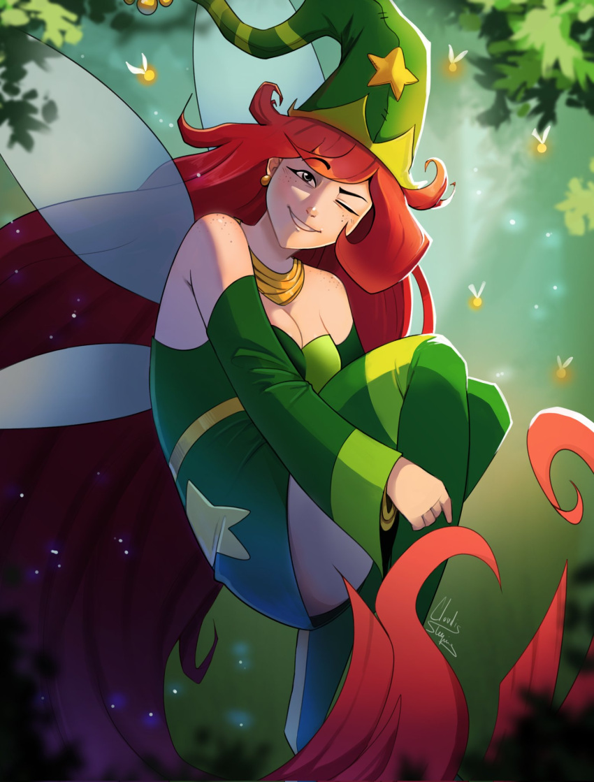 1girl bare_shoulders betilla_(rayman) breasts cloudissleeping english_commentary fairy fairy_wings freckles highres legs_together long_hair looking_at_viewer one_eye_closed rayman_(series) rayman_origins red_hair smile solo thighs very_long_hair wings