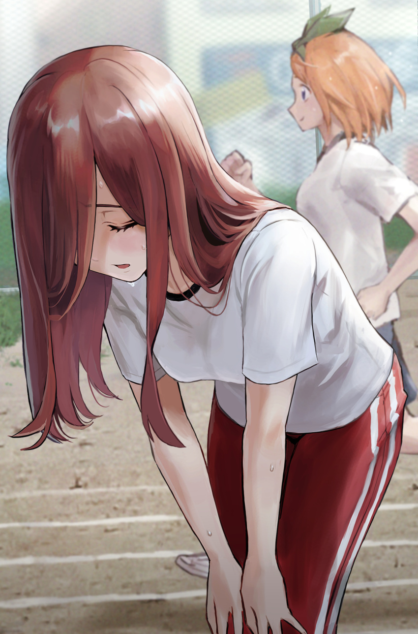 2girls absurdres blue_eyes blue_shorts blush brown_hair commentary_request exhausted go-toubun_no_hanayome green_ribbon gym_shirt gym_shorts gym_uniform hair_ribbon hands_on_own_knees highres ishiyuki long_hair medium_hair multiple_girls nakano_miku nakano_yotsuba orange_hair outdoors pants red_pants revision ribbon running shirt short_sleeves shorts siblings sisters solo_focus standing sweat track_pants white_shirt