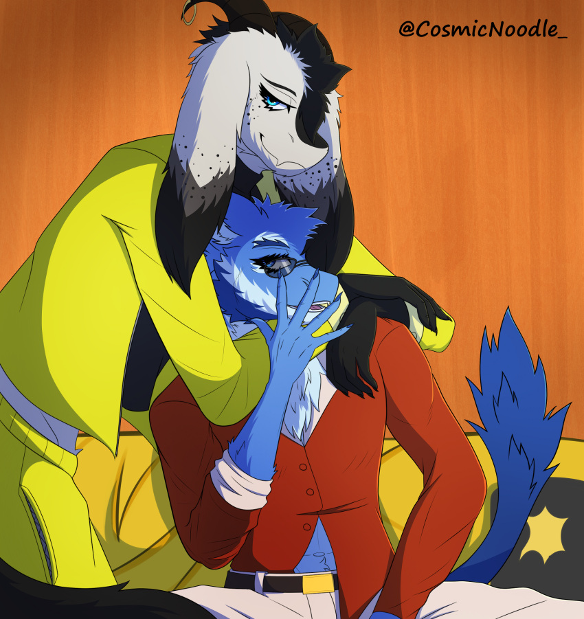 anthro belt black_body black_fur black_markings blue_body blue_eyes blue_fur blue_markings bottomwear bovid caprine clothed clothing cosmic_noodle digital_media_(artwork) dragon duo embrace eyewear fully_clothed fur furgonomics furred_dragon glasses goat hi_res horn hug jacket looking_at_viewer male mammal markings multicolored_body multicolored_fur neck_tuft pants rafael_(cosmic_noodle) shaded shirt shorts simple_background smile tail topwear tuft white_body white_fur