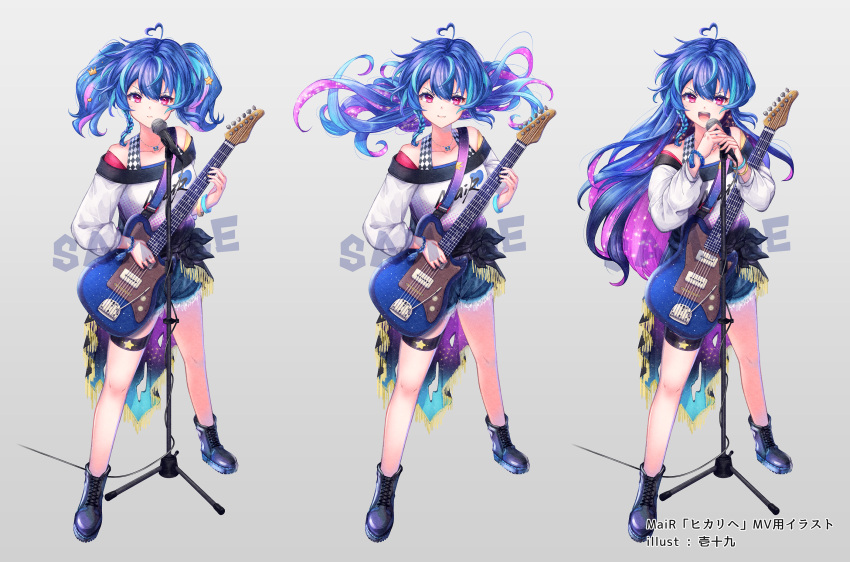 1girl :d ahoge alive_musix bare_shoulders black_footwear blue_hair blue_shorts boots closed_mouth collarbone commentary_request cross-laced_footwear denim denim_shorts electric_guitar grey_background guitar hair_between_eyes heart heart_ahoge highres holding holding_microphone instrument ittokyu lace-up_boots long_hair long_sleeves mair_(alive_musix) microphone microphone_stand multicolored_hair multiple_views off-shoulder_shirt off_shoulder official_art pink_hair puffy_long_sleeves puffy_sleeves purple_eyes sample_watermark shirt short_shorts shorts simple_background smile streaked_hair twintails two-tone_hair v-shaped_eyebrows very_long_hair virtual_youtuber white_shirt