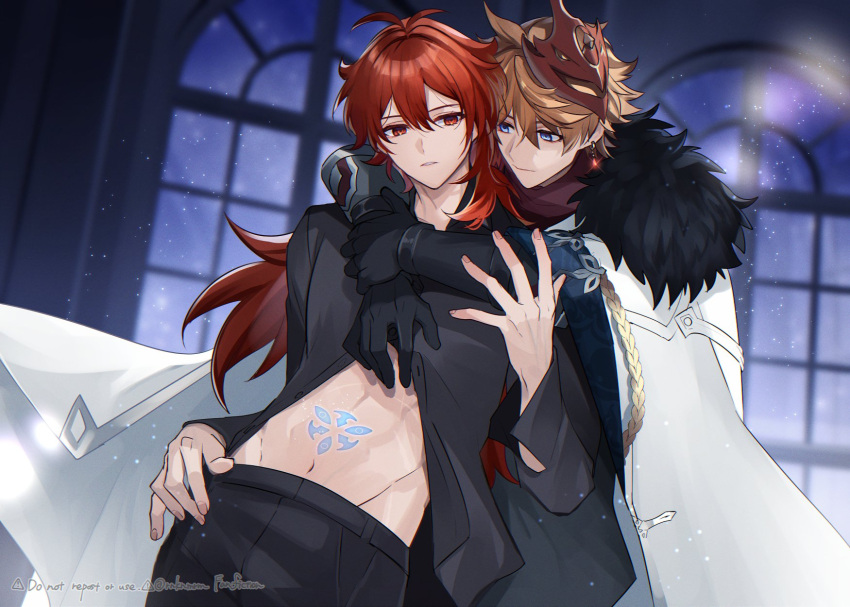 2boys black_gloves black_shirt blue_eyes clothes_lift coat diluc_(genshin_impact) earrings fur_trim genshin_impact gloves hair_between_eyes highres hiki_yuichi hug hug_from_behind jewelry long_coat long_hair long_sleeves mask mask_on_head midriff multiple_boys navel open_clothes orange_hair red_eyes red_hair red_mask shirt shirt_lift stomach stomach_tattoo tartaglia_(genshin_impact) tattoo white_coat yaoi