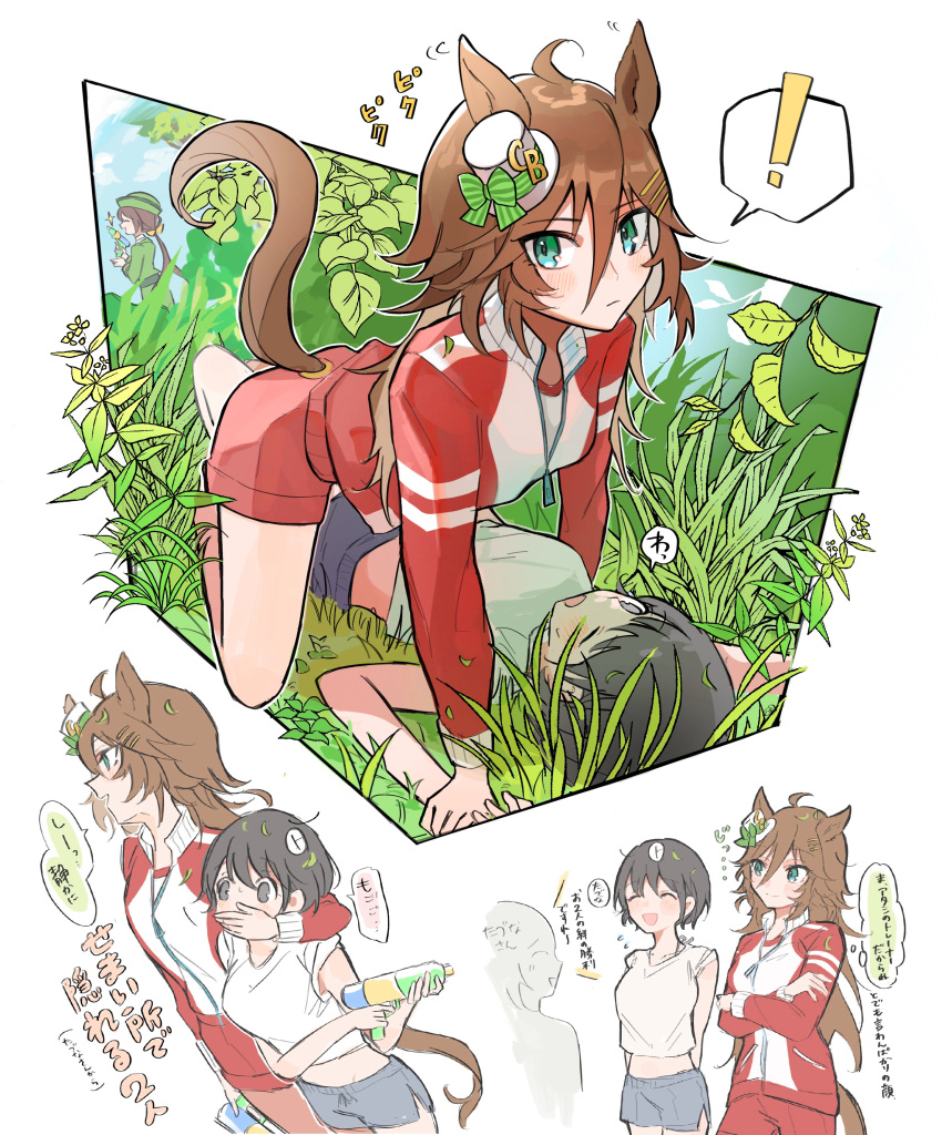 ! 3girls :d absurdres ahoge all_fours animal_ears black_eyes black_hair blue_shorts blush brown_hair closed_mouth cropped_shirt grass green_hair gym_shorts hair_between_eyes hair_ornament hairclip hat hayakawa_tazuna highres holding_another's_wrist horse_ears horse_girl jacket kumo_(mokumoku_warabi) leaf leaning_on_person long_hair long_sleeves looking_at_viewer midriff mini_hat mini_top_hat mr._c.b._(umamusume) multiple_girls nature open_mouth partially_unzipped red_jacket shirt short_hair shorts sidelocks smile spoken_exclamation_mark tilted_headwear top_hat track_jacket translation_request tree umamusume white_shirt zipper