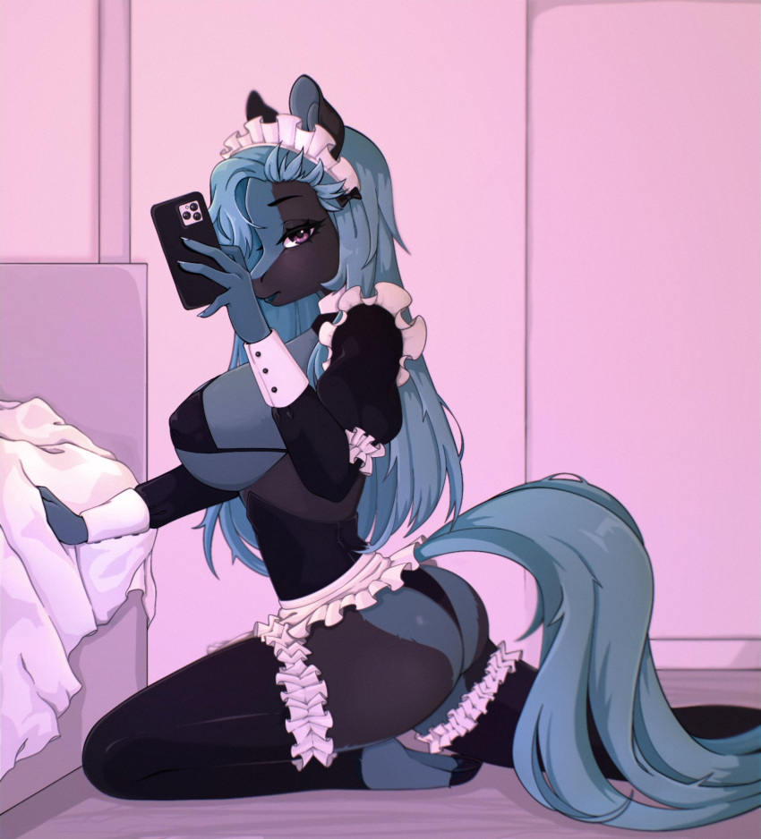 akeno_(itsnafulol) anthro bed bedroom big_breasts bikini black_body black_fur blue_body blue_fur blue_hair breasts butt clothing equid equine female foke.s frilly frilly_clothing fur furniture hair hair_over_eye hi_res hooves horse long_hair maid_headdress maid_uniform mammal one_eye_obstructed phone pink_eyes pose selfie solo swimwear tail uniform