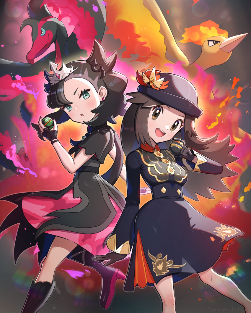 2girls :d :o absurdres black_dress black_gloves black_hair boots breasts brown_eyes brown_hair commentary_request dress dusk_ball fingerless_gloves fire galarian_moltres gloves gonzarez green_eyes hat hat_ornament highres leaf_(champion)_(pokemon) long_hair looking_at_viewer marnie_(champion)_(pokemon) marnie_(pokemon) moltres multiple_girls official_alternate_costume poke_ball pokemon pokemon_(creature) pokemon_(game) pokemon_masters_ex red_nails revision smile tiara twintails